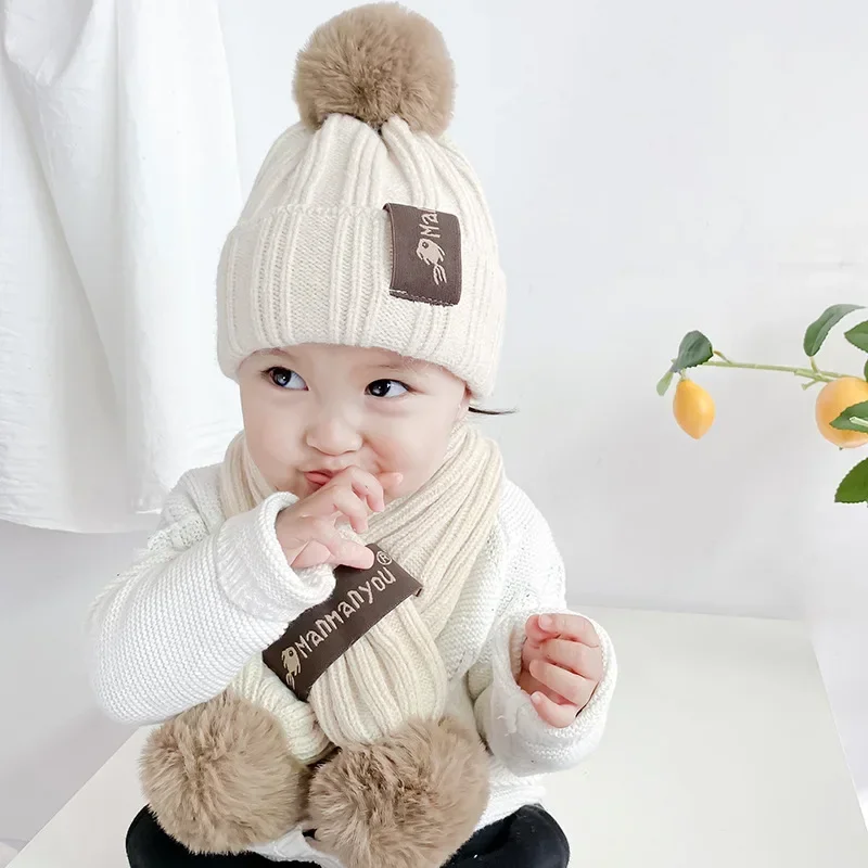 Autumn and Winter Children's Hat Scarf Set Warm Simple Woolen Cap Boys and Girls Knitted Hat Two-piece Baby Hat