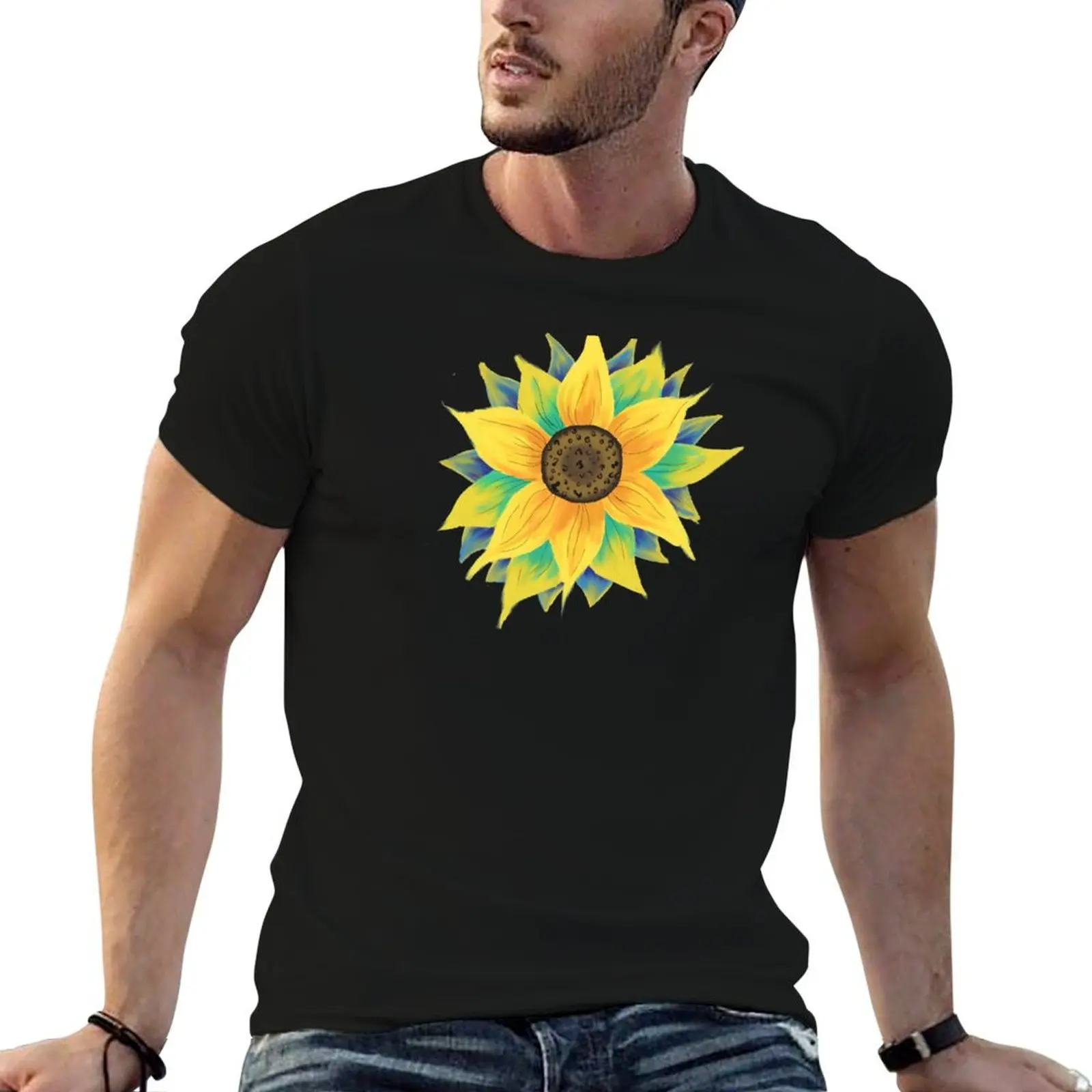

Leopard Print Painterly Sunflower T-Shirt t shirts for man cotton funny man t shirt summer T-Shirt