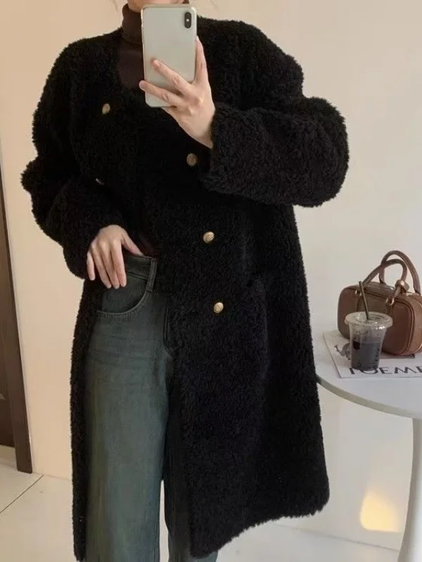 Abrigo largo Retro de piel de oveja, ropa de abrigo cálida para mujer, corte holgado, versátil, Otoño Invierno, nuevo Sle, fibra de poliéster, Color puro