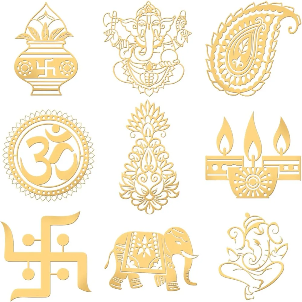 9pcs 1.6x1.6 Inch Religion Theme Stickers India Style Sticker Ganesha Self Adhesive Gold Stickers Metal Gold Stickers