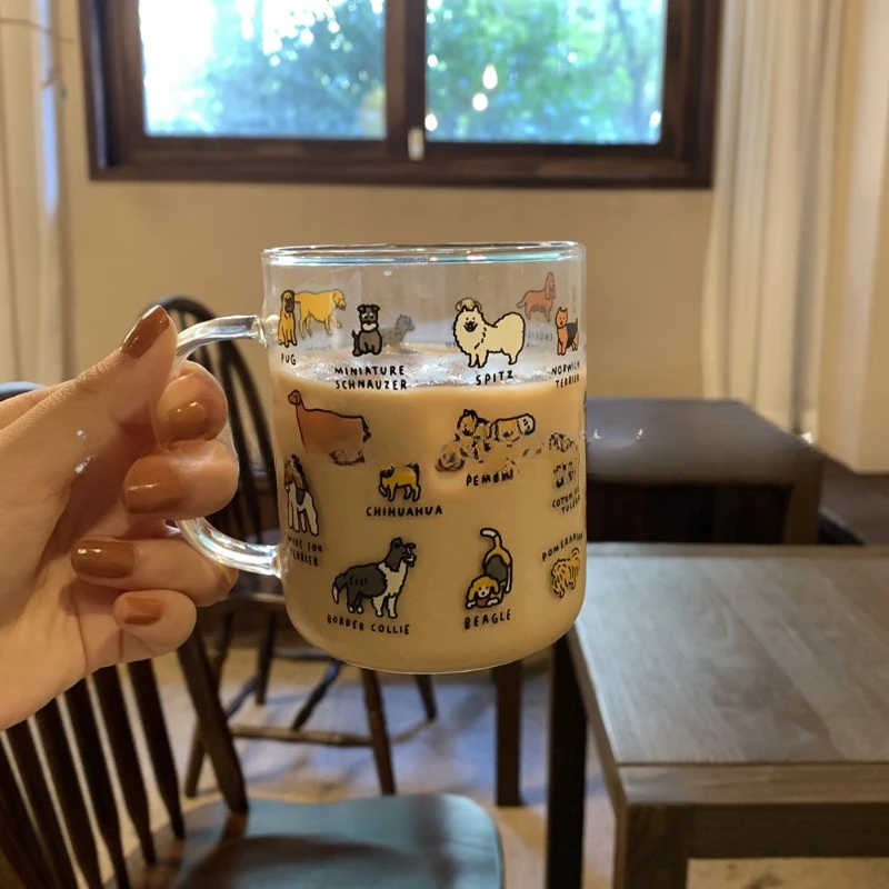 Korean Ins Style Cartoon Puppy Glass, Cute Pet Drinking Cup,high Temperature Resistant Water Cup with Handle, Breakfast Milk Mug