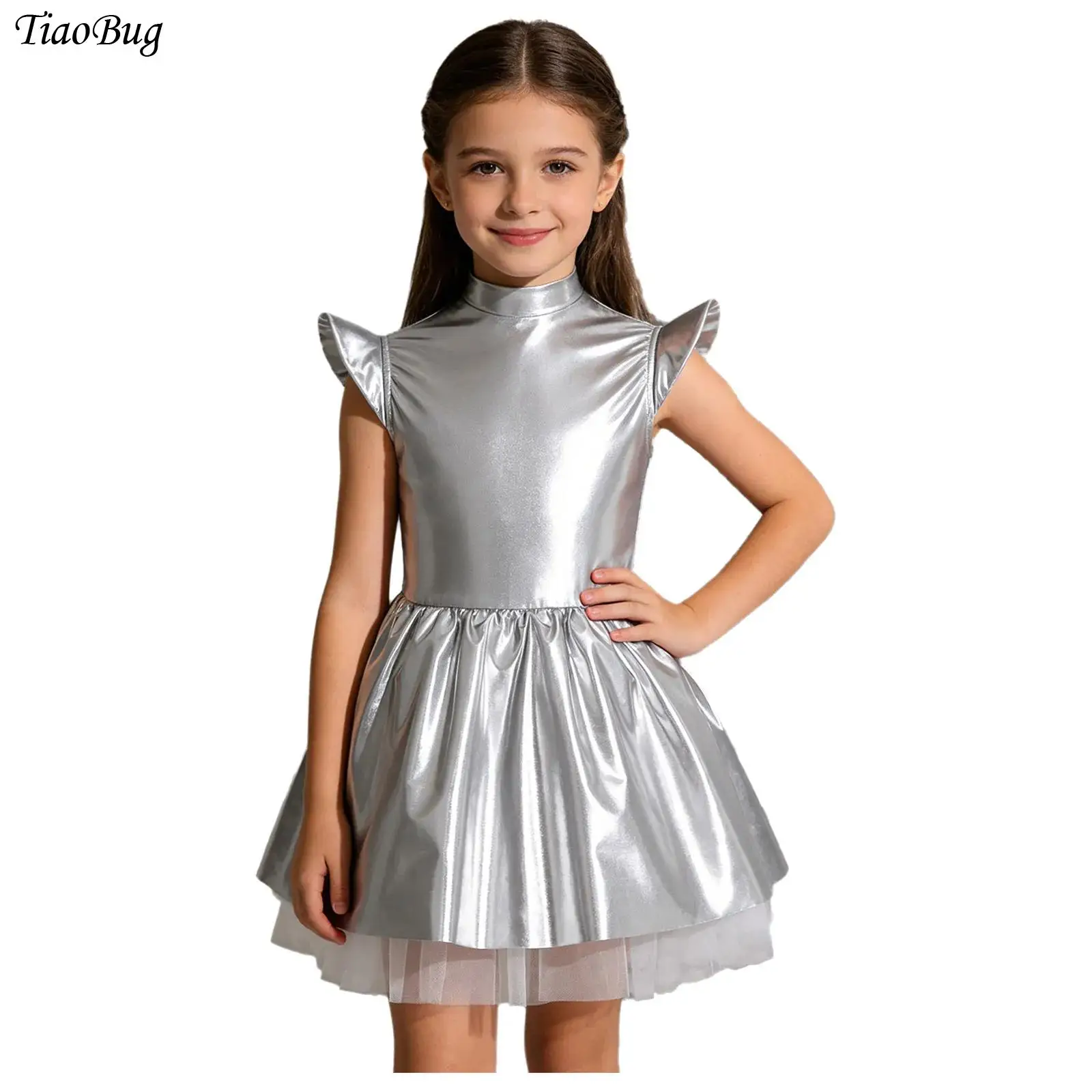 

Girls Alien Costume Halloween Outerspace Astronaut Robot Party Dress Up Metallic Shiny Flare Sleeve Ruffle Alien Tutu Dresses