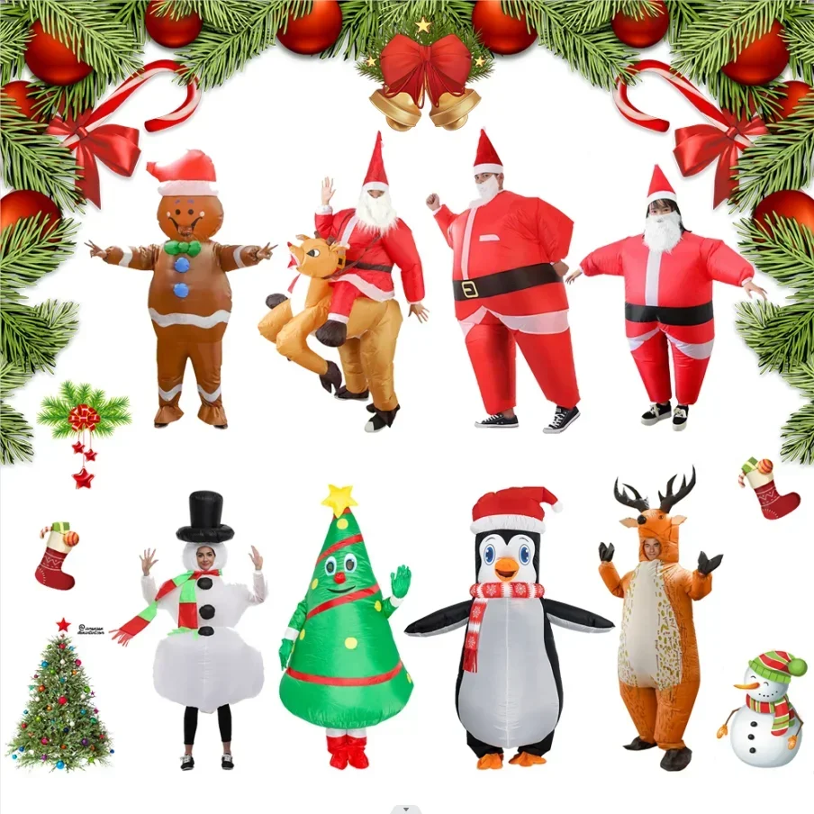 8Pcs Christmas Funny Inflatable Costumes Gingerbread Man Santa Claus Elk Snowman Tree Penguin Adult Kid Halloween Carnival Party