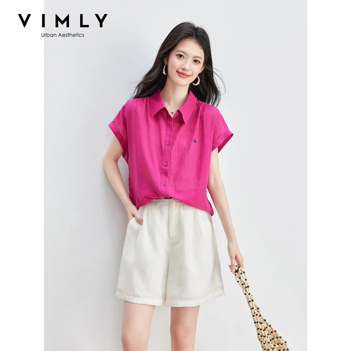 

VIMLY Minimalist Commute 100% Cotton Shirt for Women 2026 Summer Colorblock Embroidered Loose Straight Short Sleeve Blouse A6251