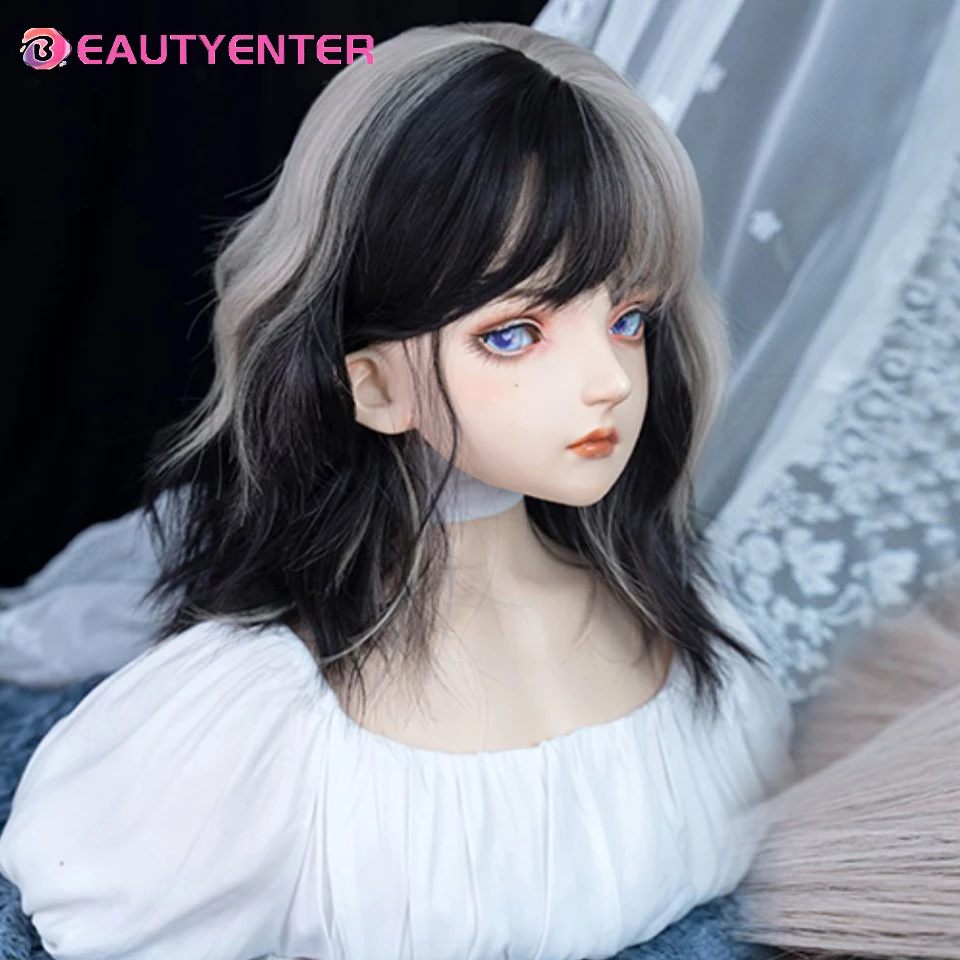 

BEAUTYENTER Medium Length Black Gray Highlight Bangs Synthetic Wig Lolita Cosplay Fashion Daily High Temperature Resistant Wig