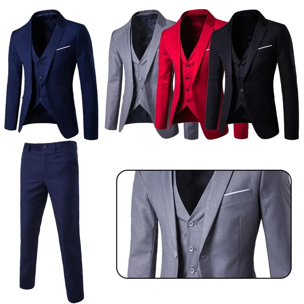 1 Set Stylish Blazer Vest Pants Set  Turndown Collar Outfit Jacket Vest Trousers  Pure Color Jacket Zipper Closure Pants