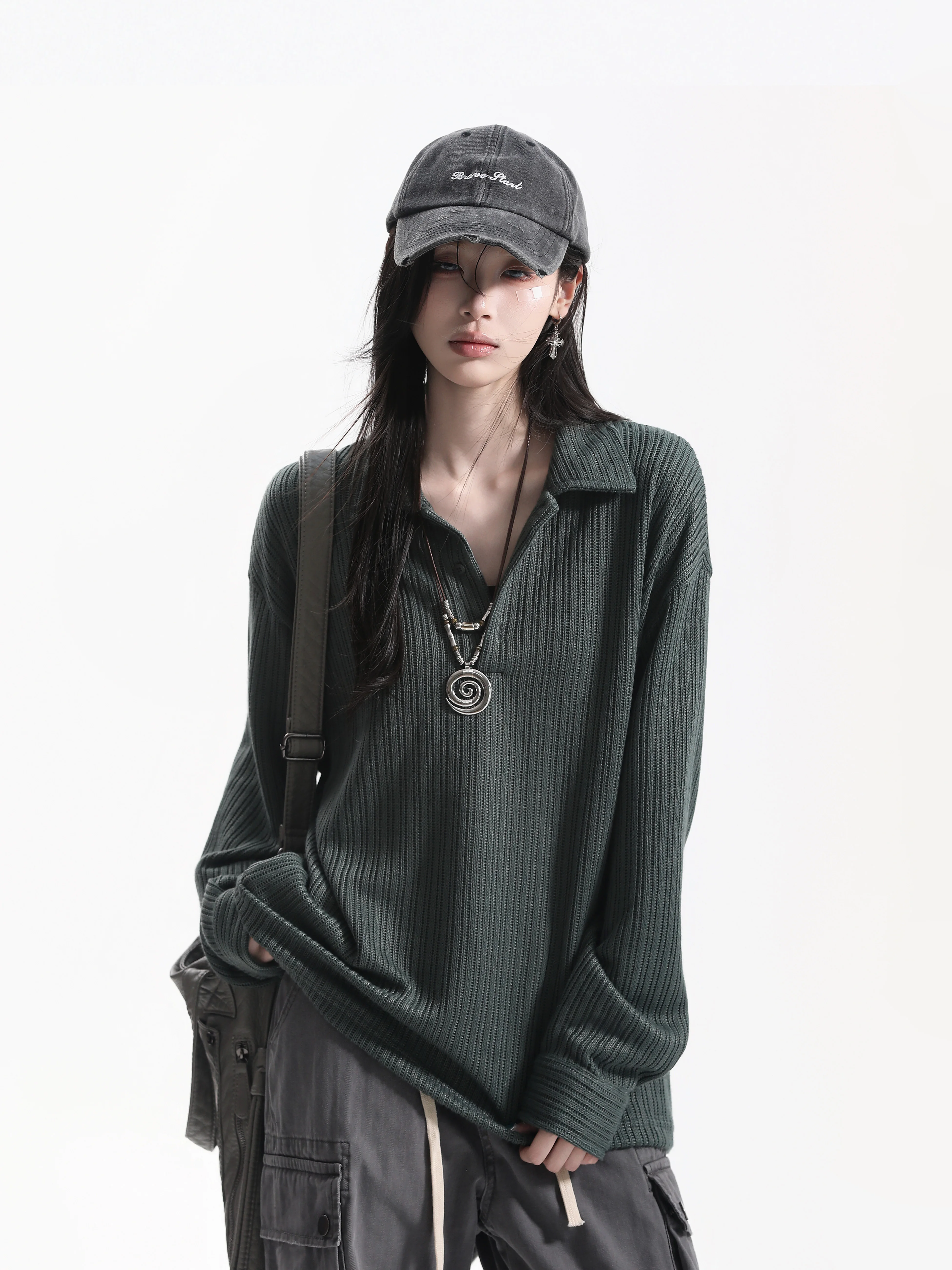Loose Long Sleeve Neck T-Shirt Striped Knitted Lazy Style American Retro Casual Fashion Polyester Fiber Autumn Wear