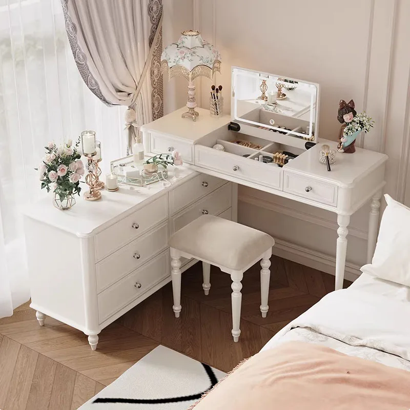 

Makeup Bedroom Vanity Table Accessories Mirror Stool European Luxury Dressing Table Wood Storage Vestidores Trendy Furniture