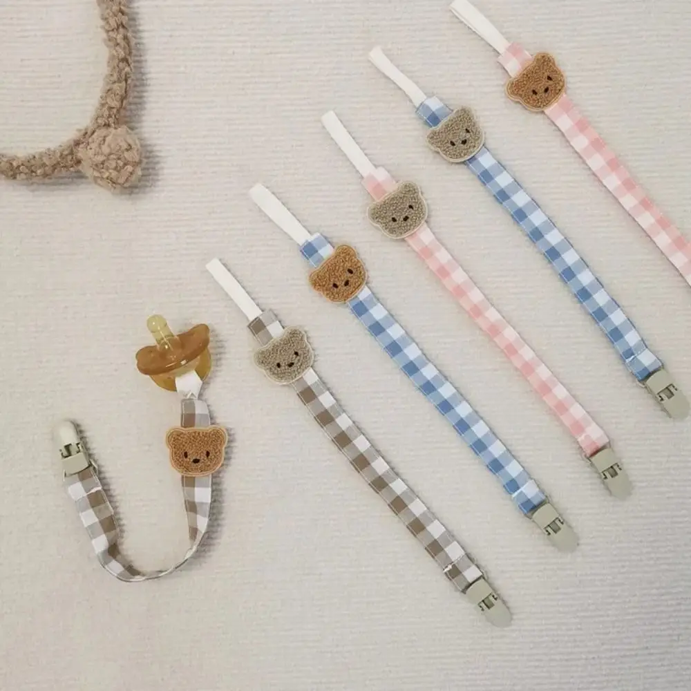 Anti-lost Embroidery Baby Cloth Pacifier Chain Lattice Bear Soother Holder Dummy Clips Adjustable Nipple Holder Clips Toddler