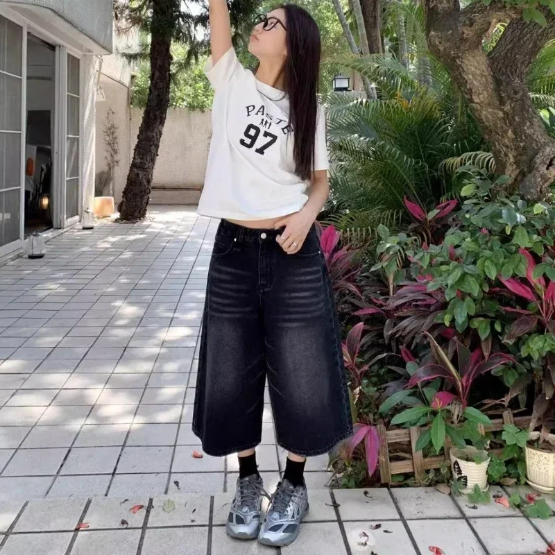 

Джинсы длиной до икры, женские уличные потертые мешковатые повседневные корейские модные винтажные универсальные летние брюки с отбеленным дизайном