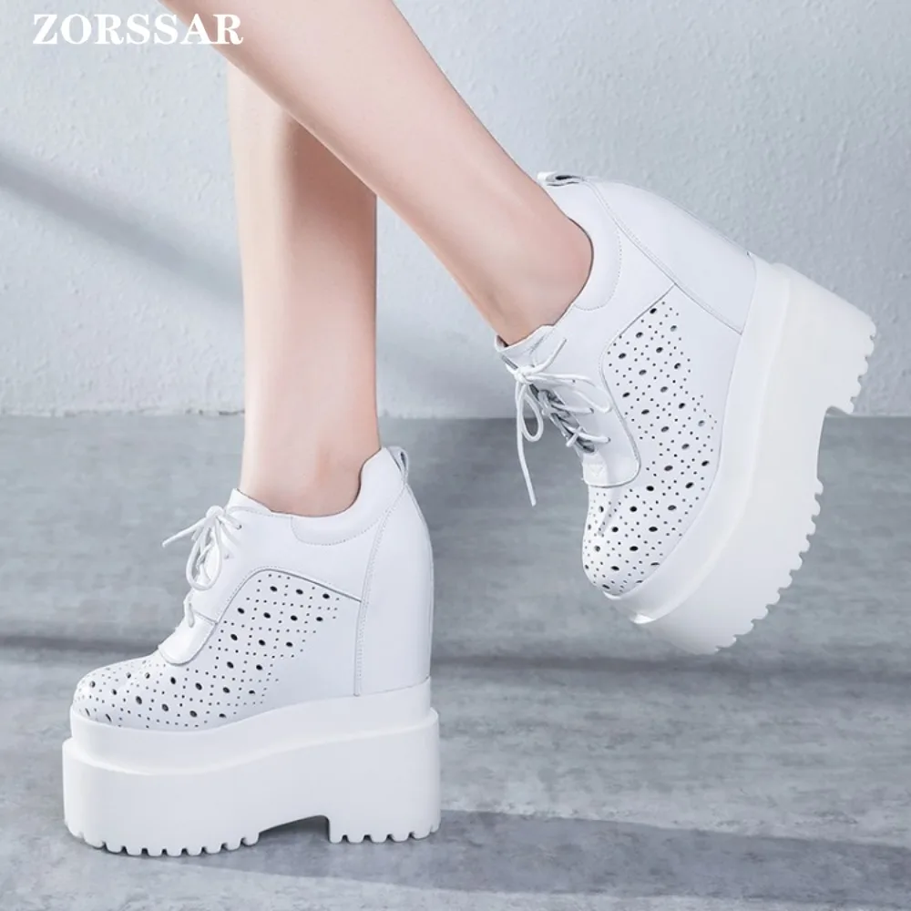 16cm Genuine Leather Platform Hidden Wedge Pumps Chunky Sneaker White Casual Shoes Comfortable Breathable Spring Autumn Shoes