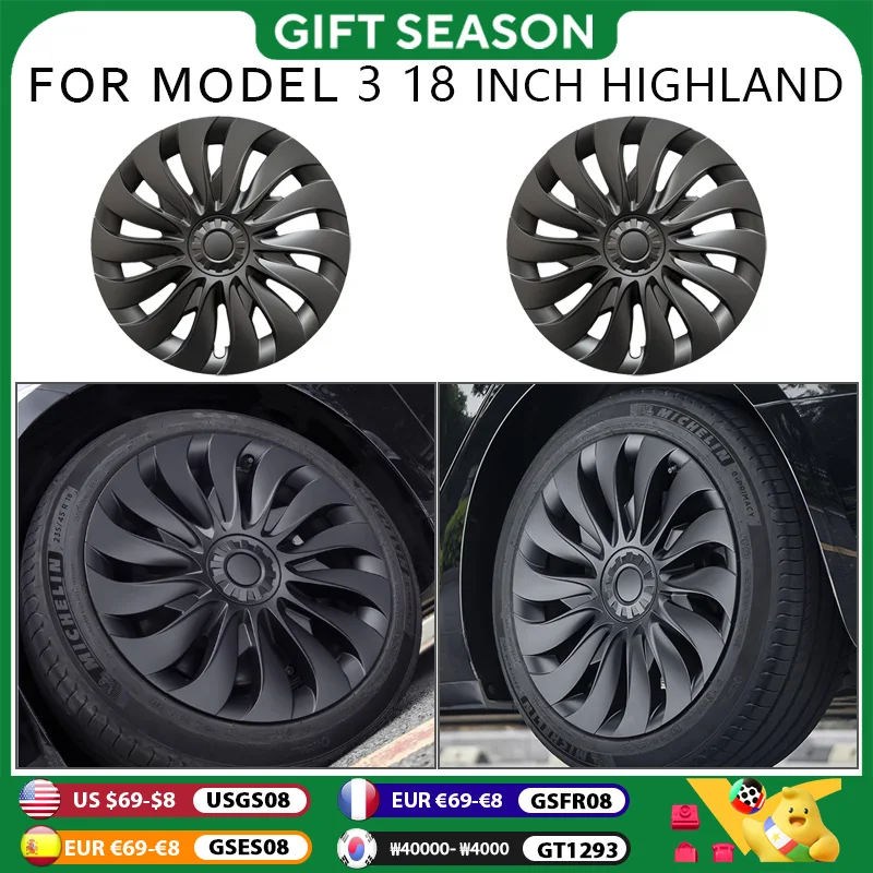 4PCS HubCap for New Tesla Model 3 Highland 2024 Performance Replacement 18 Inch Wheel Cap Automobile Full Rim Cover Accessories