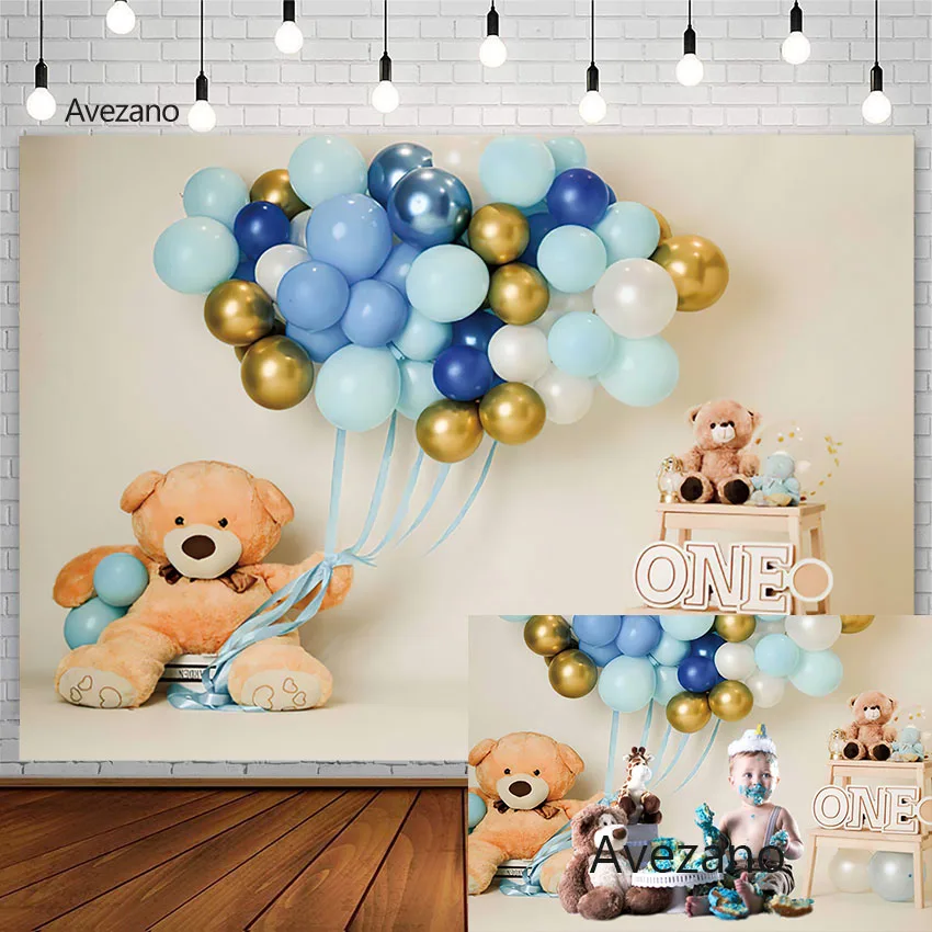 

Avezano Photography Background Blue Balloon Newborn 1st Portrait Birthday Decor Bear Cake Smash Backdrops Photo Studio Photozone