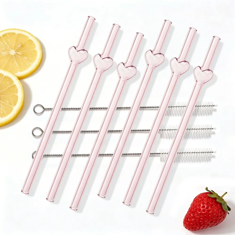 6Pcs Glass Straws Shatter Resistant, Colored Glass Straws with 3 Cleaner Brush for Beverages Coffee Juice Cocktail Teas