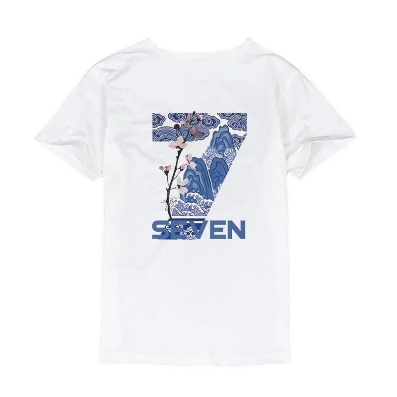 

2025 summer new back No. 7 printed short-sleeved t shirt for young men retro Chinese style personality and handsome top tide