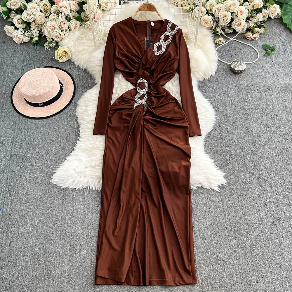 Elegant Long Sleeves Vintage V-neck Chic Rhinestone Buckle Split Pleated Slim Dresses Evening High Street Autumn Winter Clothing