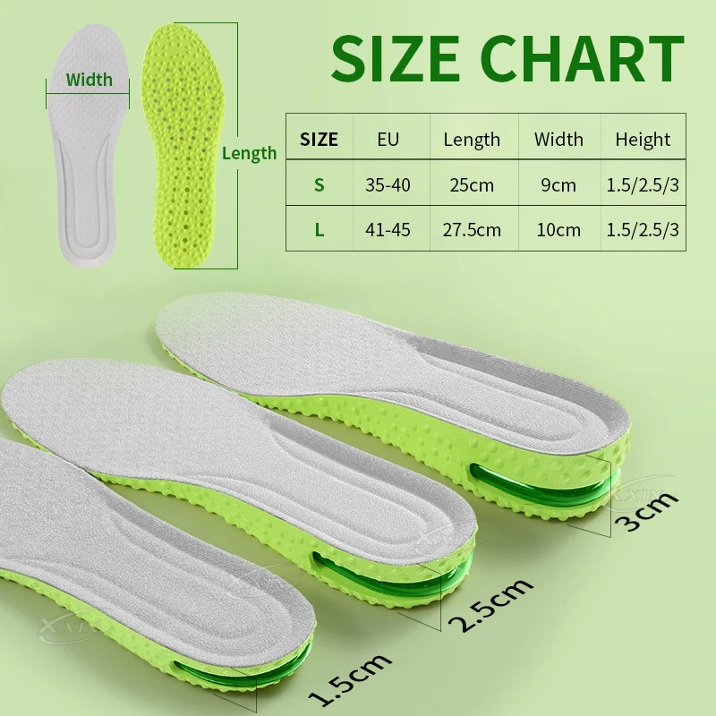 【Xxin】1.5/2.5/3cm Height Increase Insoles  Air Cushion Shock Absorption Shoe Cushion Pad Men Women Soft Breathable Insole