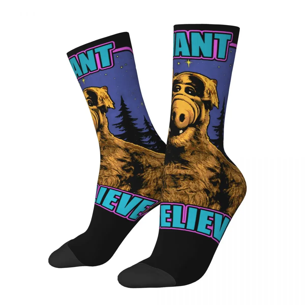 Funny Crazy Sock for Men I Want To Believe Harajuku ALF The Animated Series Quality Pattern Printed Crew Sock Seamless Gift