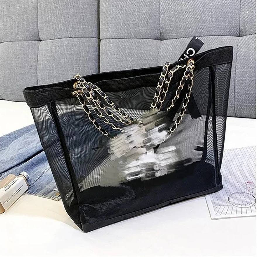 Nylon sand net Tote women's beach Bag Single shoulder chain bag Black and White super trustworthy large capacity bag