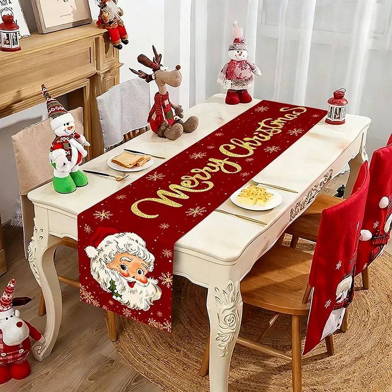 1pc Red Gold Glitter Santa Table Runner,Merry Christmas Cursive Lettering with Snowflake Holly,Indoor Outdoor Dining Party Decor