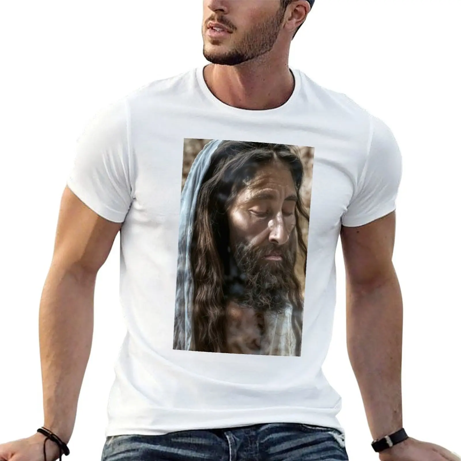 Illuminated Holy Contemplation: A Nighttime Jesus Portrait T-Shirt Plus Size Non-Shrink T-Shirt