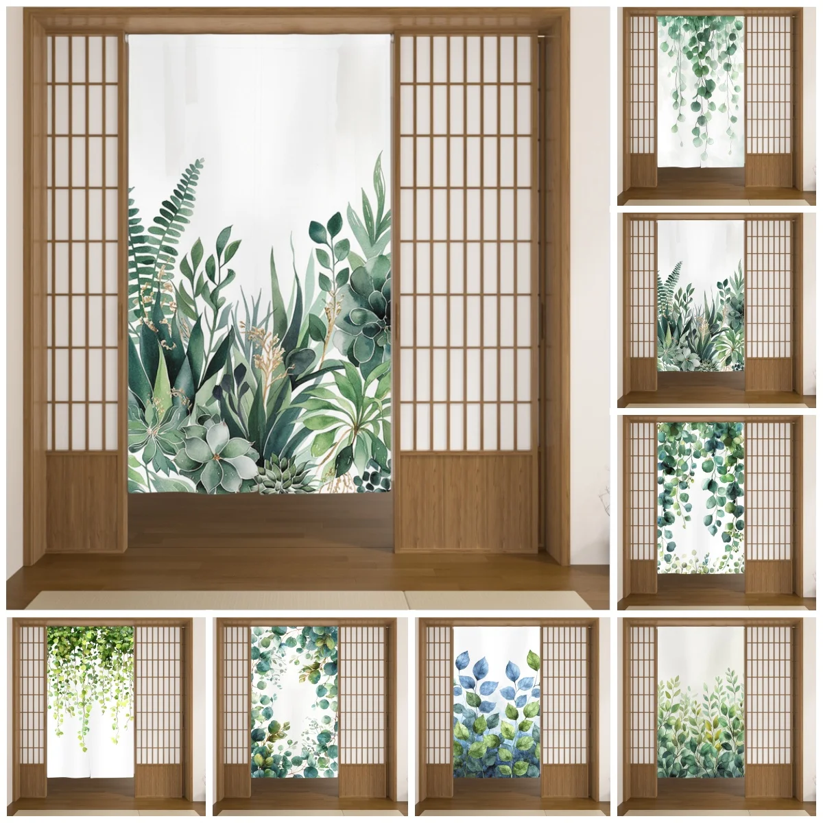 Japanese Door Curtain Botanical Watercolor Living Room Partition Linen Doorway Curtains Kitchen Entrance Hanging Half Curtains