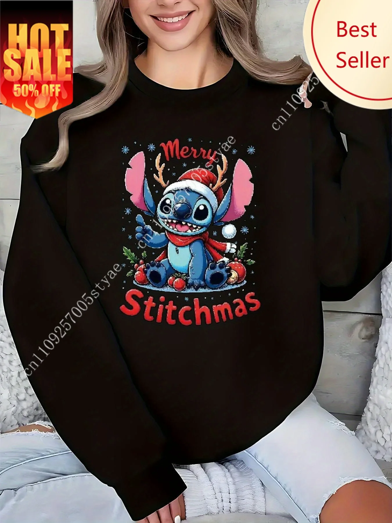 

Women's Disney Stitch Christmas Pullover Sweater Fashion Oversized Unisex Crew Neck Sweater Autumn Winter Fleece Casual