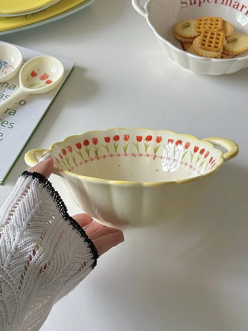 Rustic Charming Cerc Bowl with Double Ears in Cr Color with Floral s for Breakfast Noodles And Fruit Salads