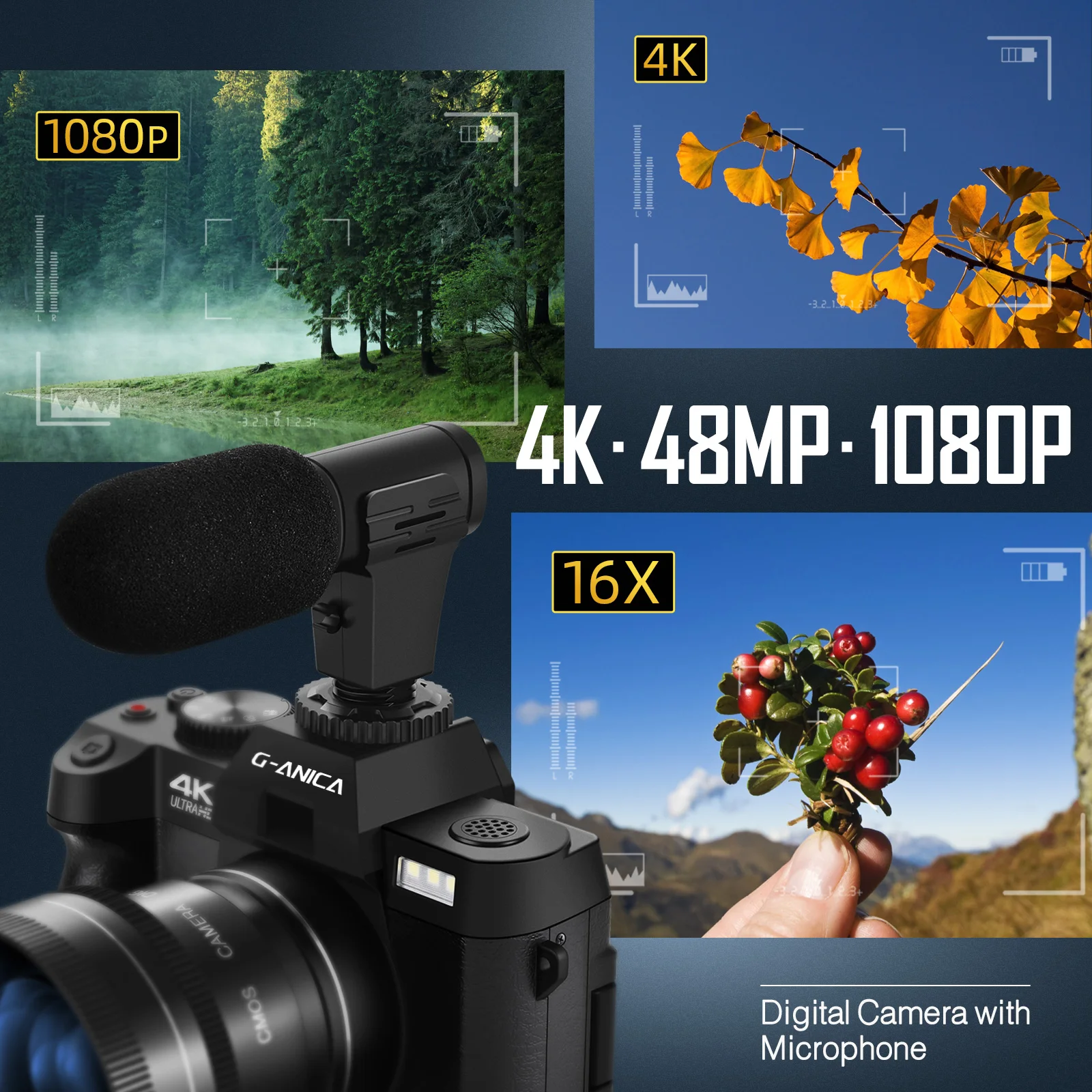 G-Anica 4K كاميرات رقمية للتصوير الفوتوغرافي كاميرا 48MP مع ميكروفون 3 ألوان تصفية كاميرا فيديو مع زاوية واسعة وعدسة ماكرو