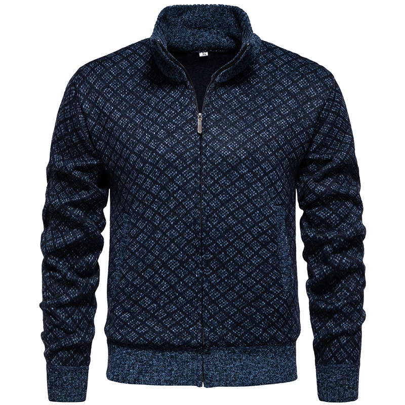 Homens de malha cardigan camisola casaco 2024 coreano outono inverno quente grosso xadrez zip casual gola alta jaqueta de lã roupas masculinas