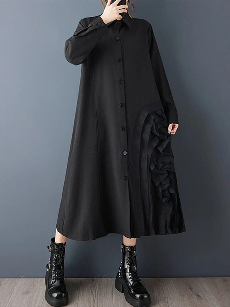 Oversized retalhos preto vintage camisa vestidos para as mulheres primavera outono nova manga longa solto vestido casual roupas elegantes 2025