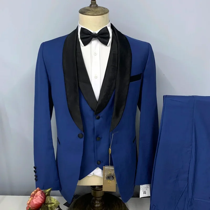 Three Piece New Men's Set Dark Blue Suit Black Lapel Classic Single Breasted Party Wedding  Set (Jacket+Pants+Vest)