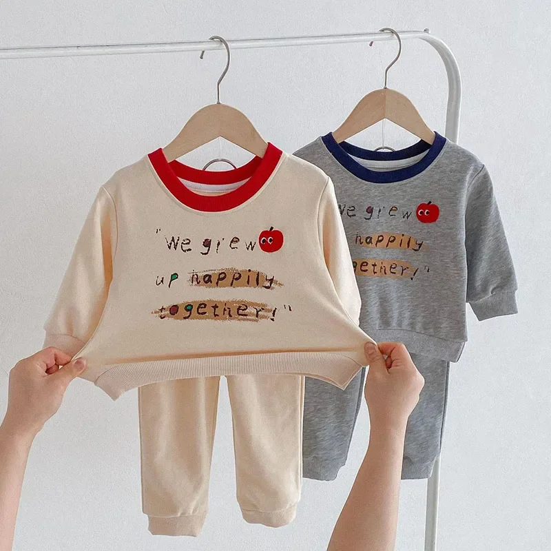 1-4T Baby Clothing Sets 2024 Autumn New Cotton Infant Boys\' Letter Apple Printed Sportswear Girls\' Fashion Top and Pants 2Pcs