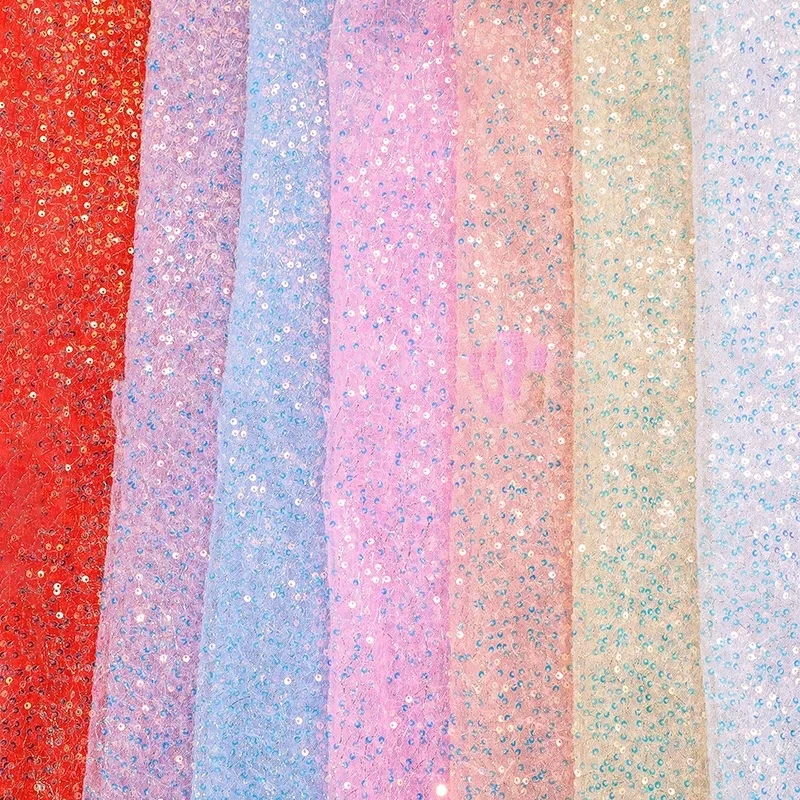 Evening Dresses Bow Decor Sequin Material Crushed Sequin Glitter Mesh Silver Yarn Base Cloth Stage Costumes Sparkle Fabric