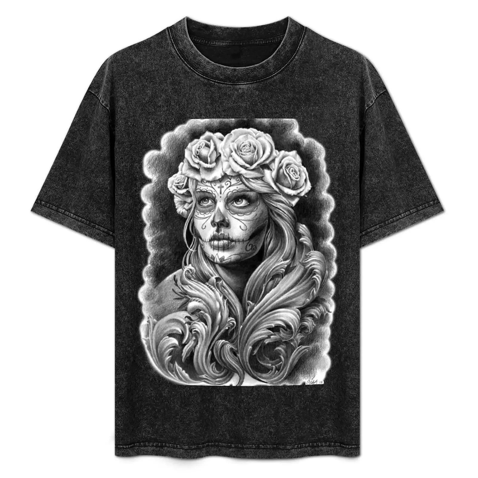 

Black and Grey Catrina with a crown of roses. T-Shirt rapper graphic tees funny gifts oversize t-shirts man men workout shirt