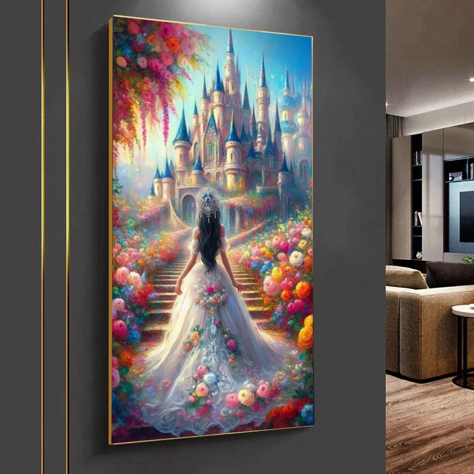 Fantasy Castle Large 5D Diy Diamond Painting Cross Stitch Kit Garden Princess Beauty Full Rhinestone Mosaic Back View Embroidery