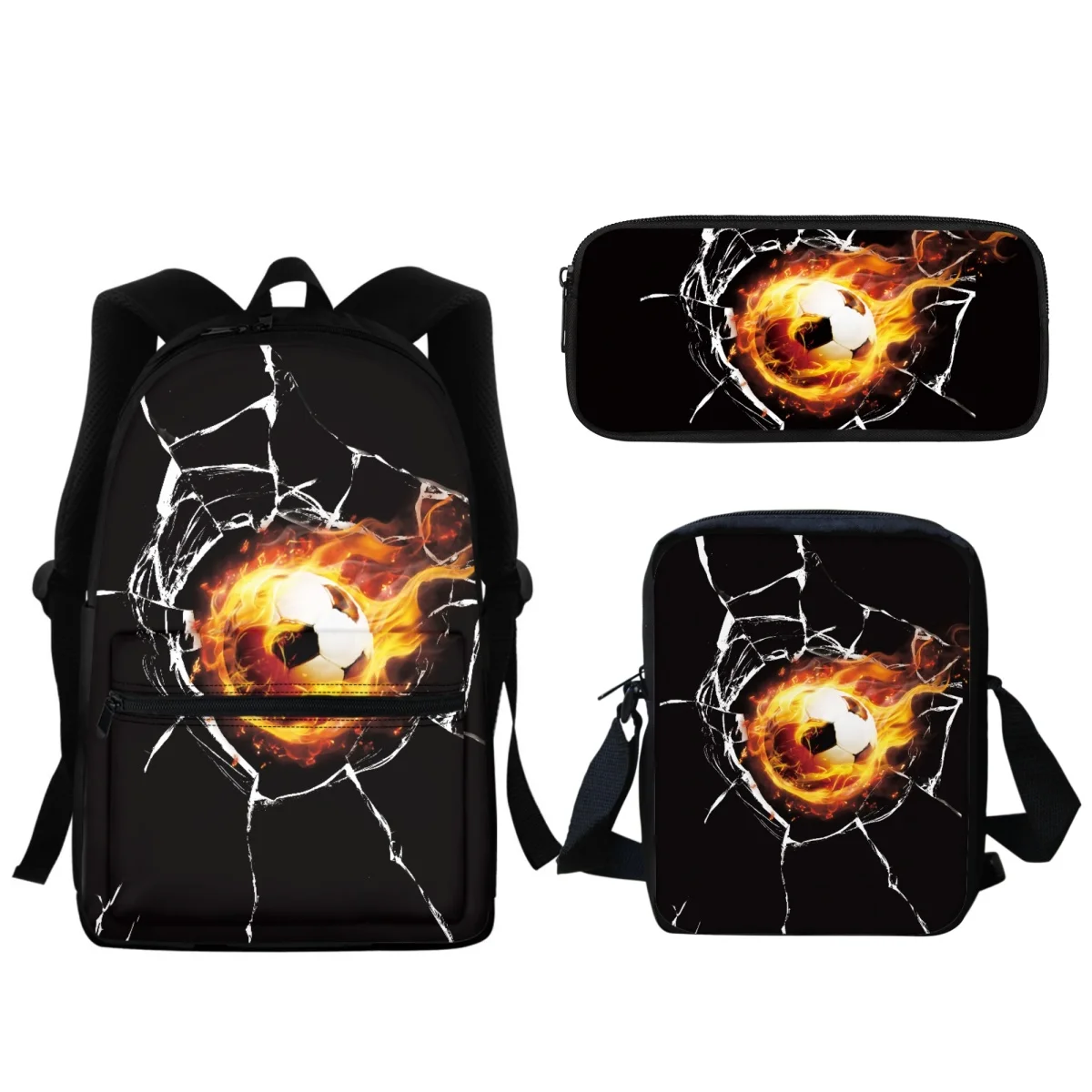 

Creative Flame Football Student School Bag Large Capacity Zipper School Backpack Set Portable Lunch Small Satchel Pencil Case