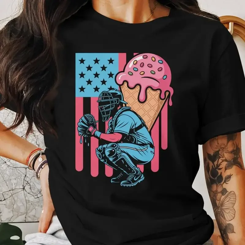 28 Baseball Catcher  T shirt Ice Cream American Flag Design