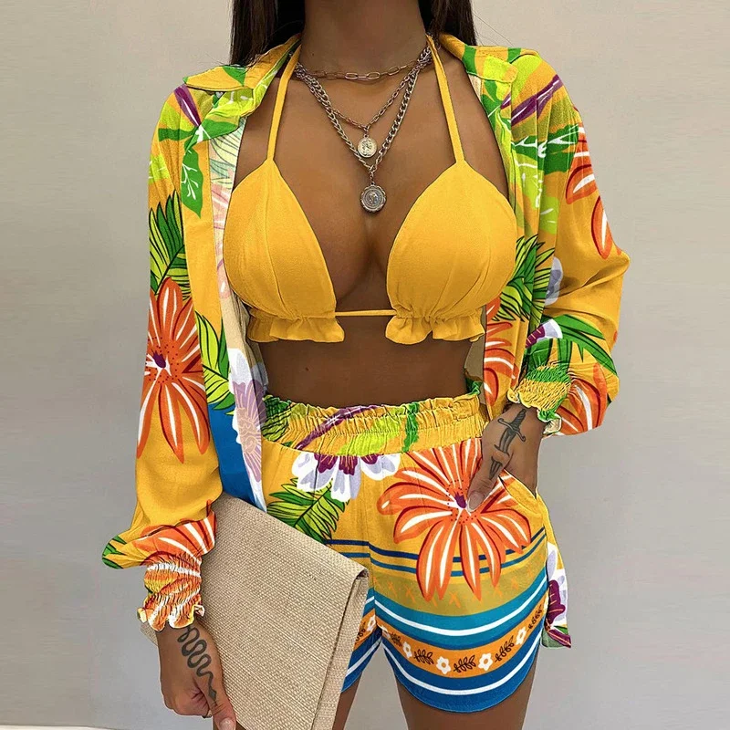 Women's Bikini Three-piece Gradient Printing Long Sleeve Lapel Shirt+bra+shorts Split Swimsuit Set Beach Holiday Party Swimsuit