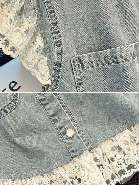 

Chic Lace Trim ort Sve Thin Denim irt Women's Summer Faion Outerwear Vest Jaet Collar Button Detail Cotton Blend