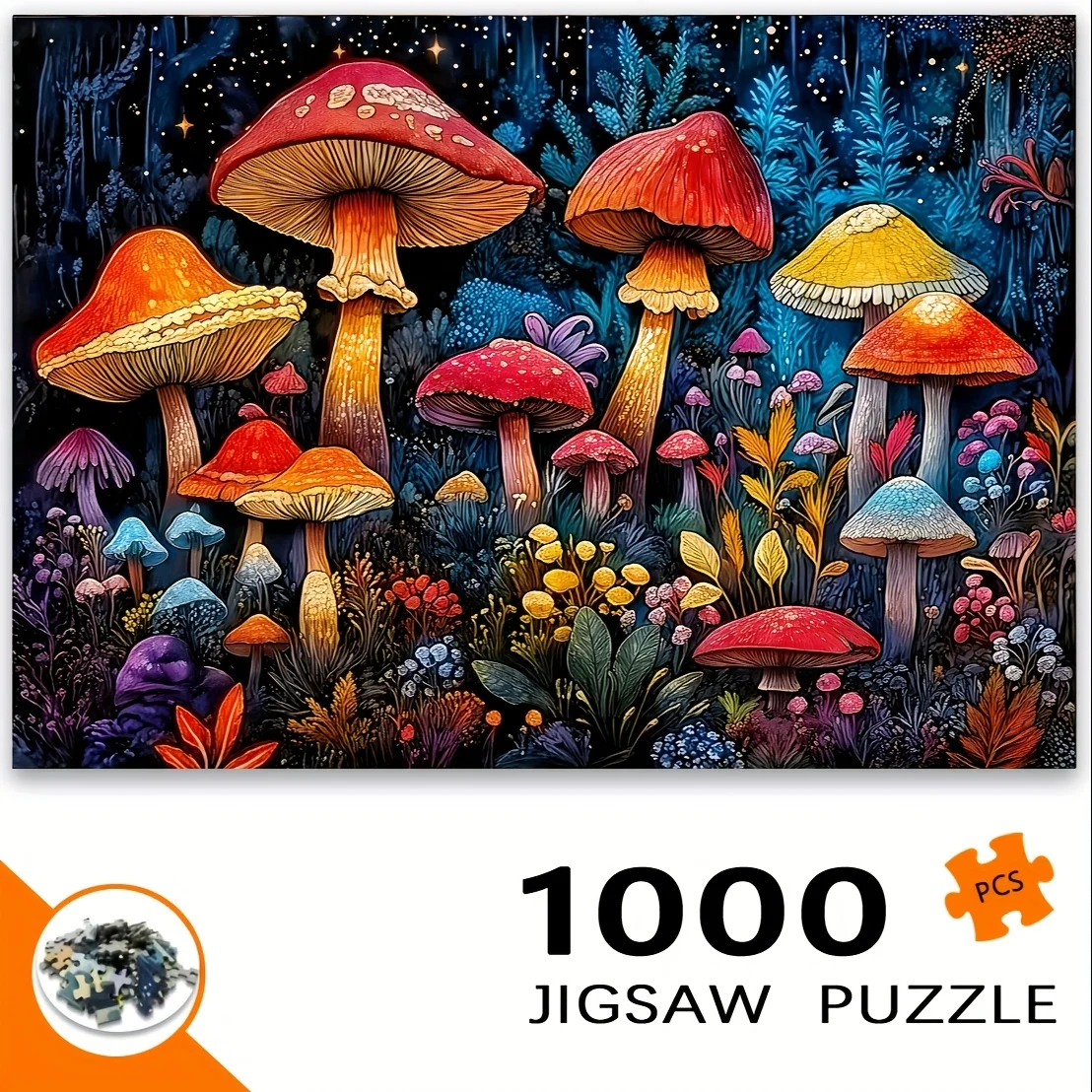 

1000pcs Jigsaw Puzzle - Enchanted Magic Forest with Colorful Mushrooms & Starry Sky, Vibrant Artwork for Adults, Portable DIY