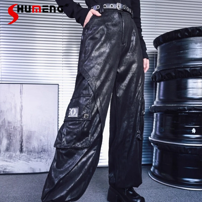 

Vintage Functional Workwear Style Wide-Leg Straight Leather Trousers For Women's High Waist Two-Way Wear Leg-Tightening Pants