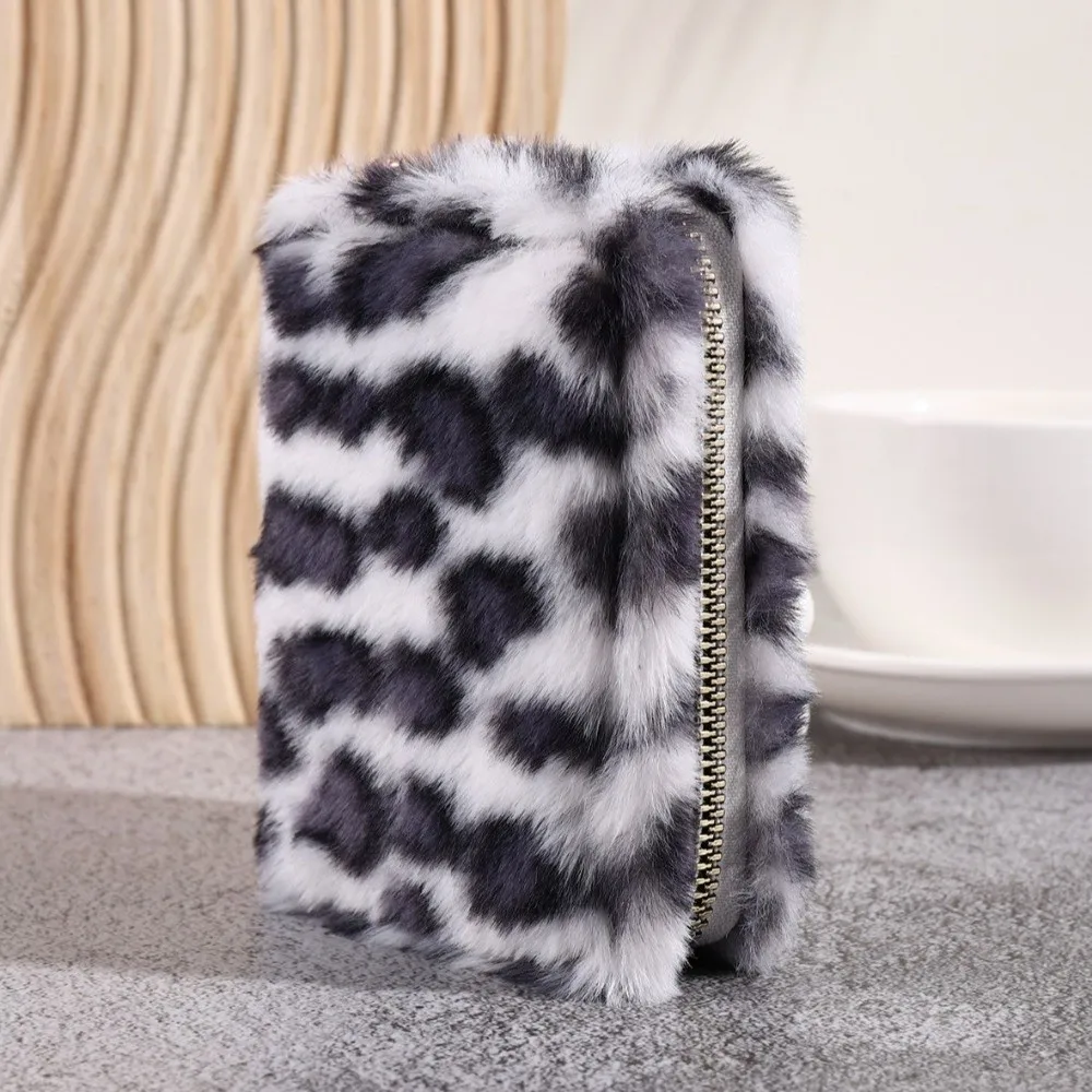 Furry Leopard Print Coin Purse Soft Large Capacity Short Card Holder Travel Organizer Multi-Card Slot Storage Bag Student