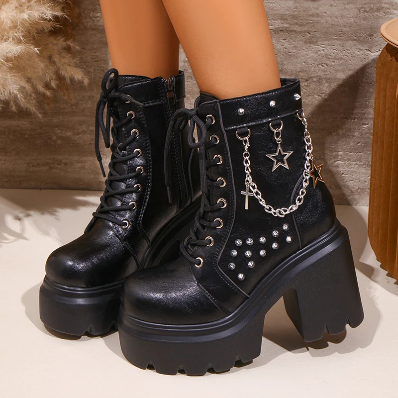 

Rivet Chain Decor Chunky High Heel Motorcycle Boots Women Black Punk Thick Heels Ankle Boots Woman Plus Size 42 Pu Leather Botas