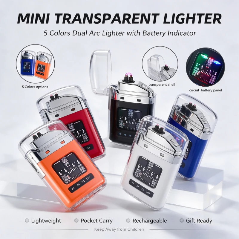 Portable Type-C RechargeableElectronic Pulse Lighter,Transparent Body with WindproofDouble Arc Design,Vibrant LED Color Lighting