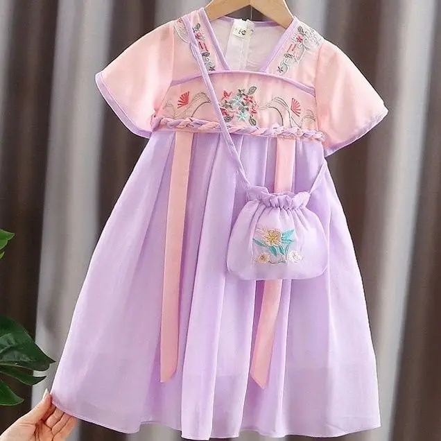 New Japanese and Korean Hanfu Children\'s Dress Thin Short Sleeve Princess Dress Tang Baby Super Fairy Chinoiserie Children\'s Sum