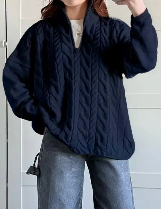 Maglione lavorato a maglia jacquard con colletto solido allentato autunno e inverno per donna maglione casual con cerniera semplice