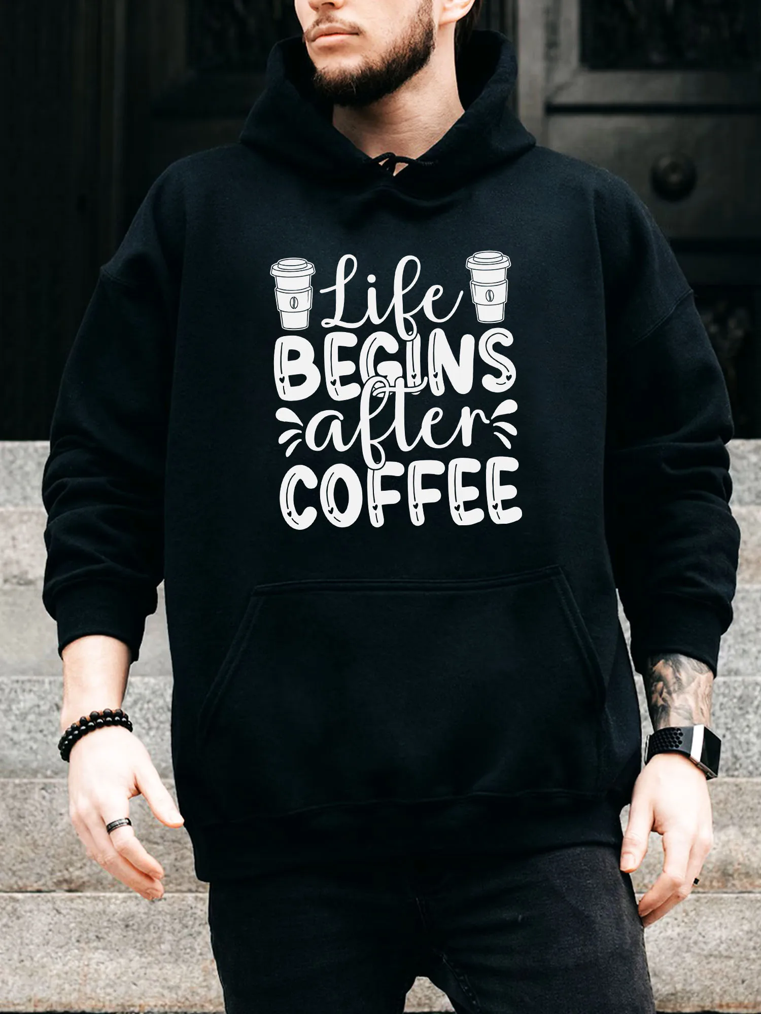 

Мужская толстовка на шнурке Life Begins After Coffee — повседневный удобный черный пуловер, осенне-зимняя толстовка с капюшоном