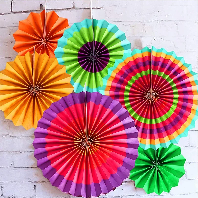 6pc Party Hanging Origami Paper Fans Set Colorful Round Wheel Disc Paper Garlands for DIY Art Birthday Wedding Decor Accessories