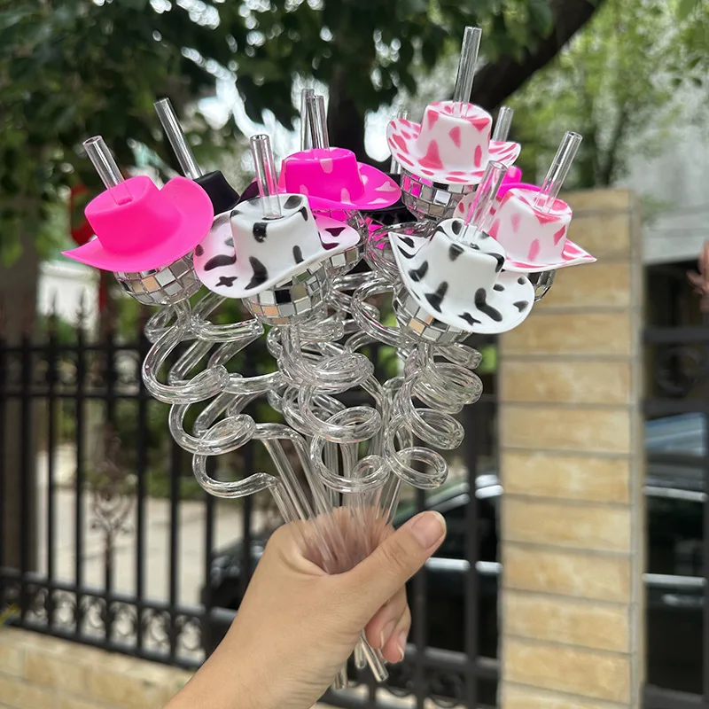 5pcs Cowgirl Bachelorette Party Decorations Glitter mini Disco Ball Cowgirl hat plastic drinking straw Western Cowgirl birthday